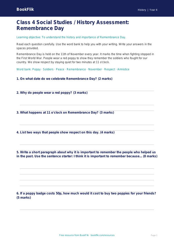 Free Remembrance Day Assessment | Class 4 | Social Studies / History | BookFlik worksheet preview — History Remembrance Day