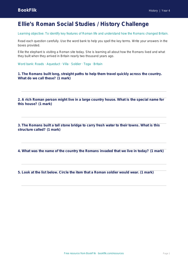 Free Romans Worksheet | Class 4 | Social Studies / History | BookFlik worksheet preview — History Romans