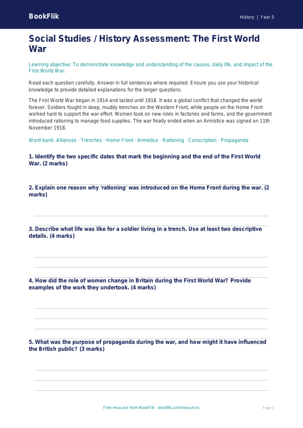 World War I History Worksheet | Class 5 CBSE | BookFlik worksheet preview — History Ww1