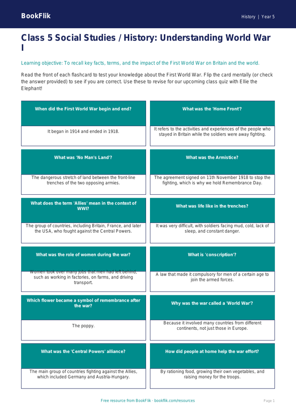 World War 1 Facts for Kids | Class 5 Social Studies | BookFlik worksheet preview — History Ww1