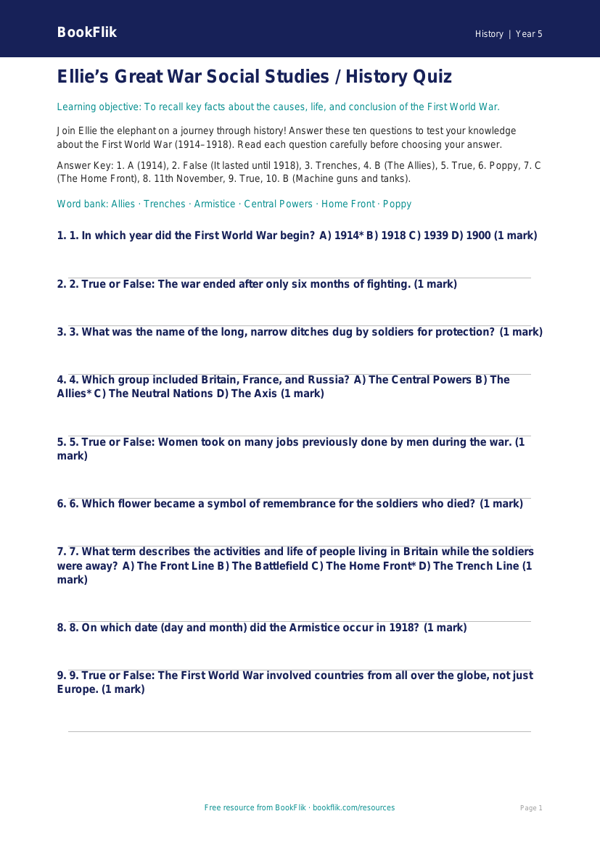 World War 1 Quiz for Class 5 | CBSE History Worksheet | BookFlik worksheet preview — History Ww1