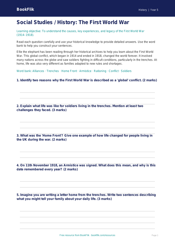 Free WW1 Worksheet | Class 5 | Social Studies / History | BookFlik worksheet preview — History Ww1