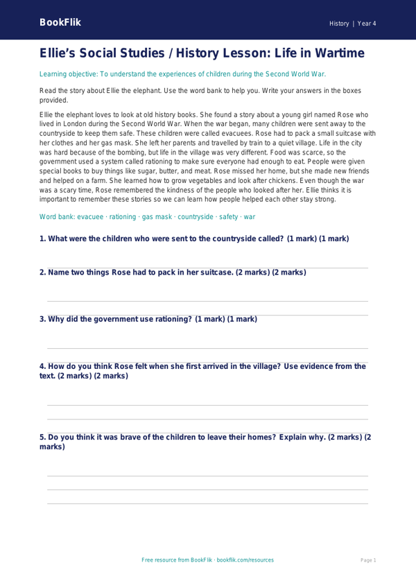 WW2 Comprehension Class 4 | History Worksheet | BookFlik worksheet preview — History Ww2
