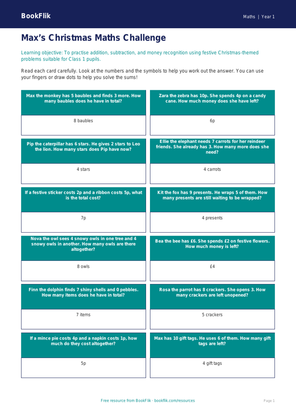Free Christmas Maths Flashcards | Class 1 | Maths | BookFlik worksheet preview — Maths Christmas Maths