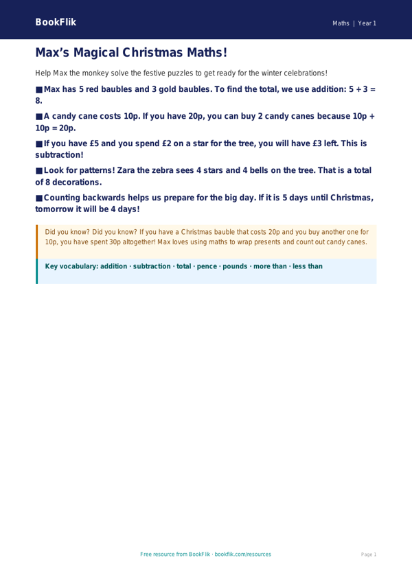Free Christmas Maths Poster | Class 1 | Maths | BookFlik worksheet preview — Maths Christmas Maths