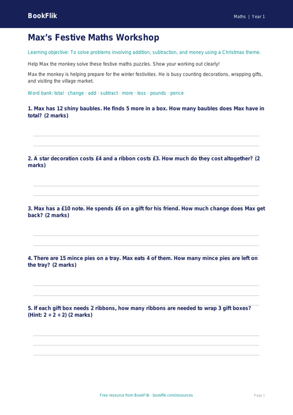 Free Christmas Maths Worksheet | Class 1 | Maths | BookFlik worksheet preview — Maths Christmas Maths