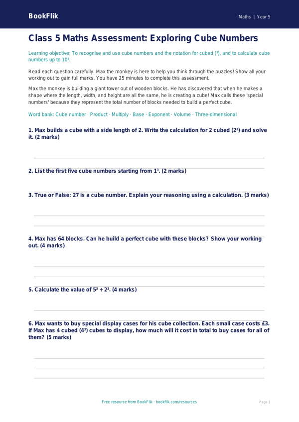 Free Cube Numbers Assessment | Class 5 | Maths | BookFlik worksheet preview — Maths Cube Numbers