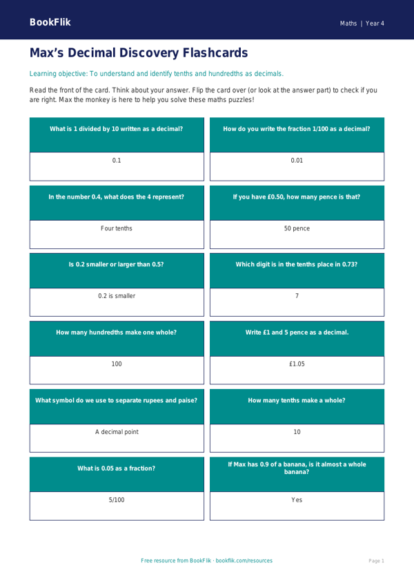 Free Decimals Flashcards | Class 4 | Maths | BookFlik worksheet preview — Maths Decimals