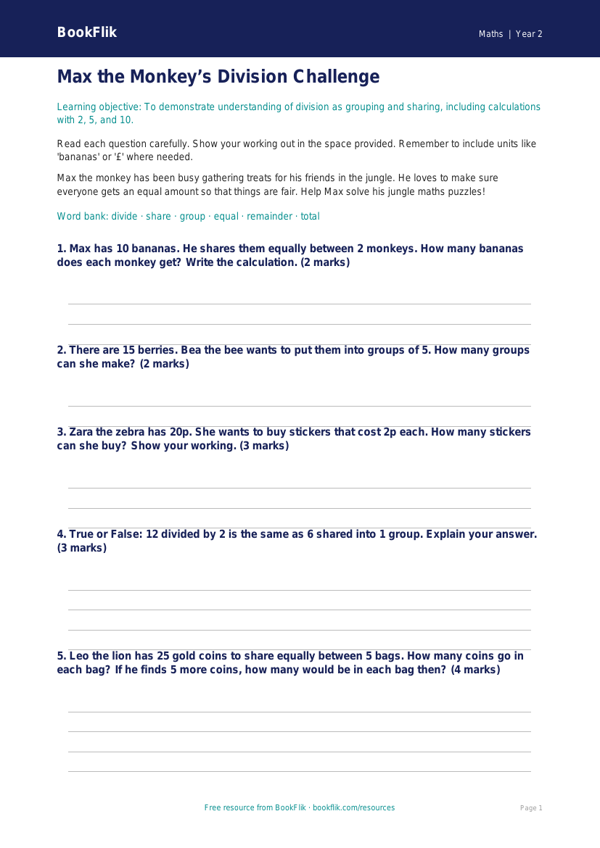 Free Division Assessment | Class 2 | Maths | BookFlik worksheet preview — Maths Division