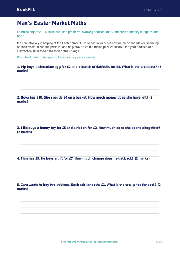 Free Easter Maths Activity Sheet | Class 1 | Maths | BookFlik worksheet preview — Maths Easter Maths