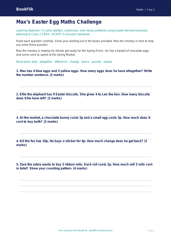 Easter Maths Assessment for Class 1 | CBSE Maths Worksheet worksheet preview — Maths Easter Maths