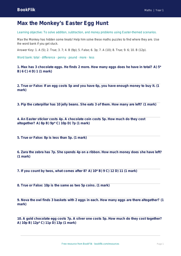 Easter Maths Quiz for Class 1 | CBSE Maths Worksheet | BookFlik worksheet preview — Maths Easter Maths