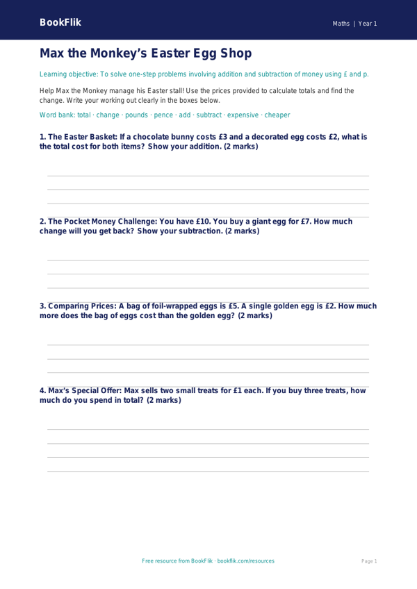 Free Easter Maths Template | Class 1 | Maths | BookFlik worksheet preview — Maths Easter Maths