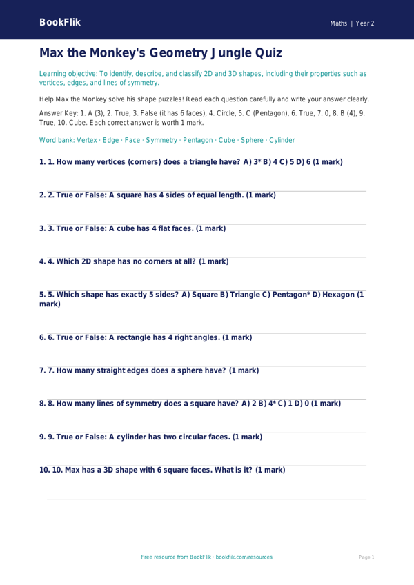 Free Geometry Quiz | Class 2 | Maths | BookFlik worksheet preview — Maths Geometry