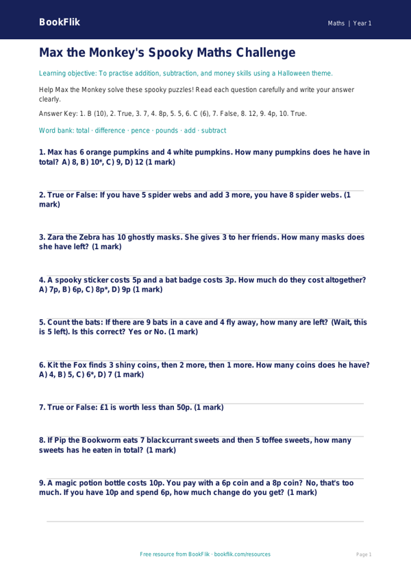 Fun Halloween Maths Quiz for Class 1 | CBSE Maths Practice worksheet preview — Maths Halloween Maths