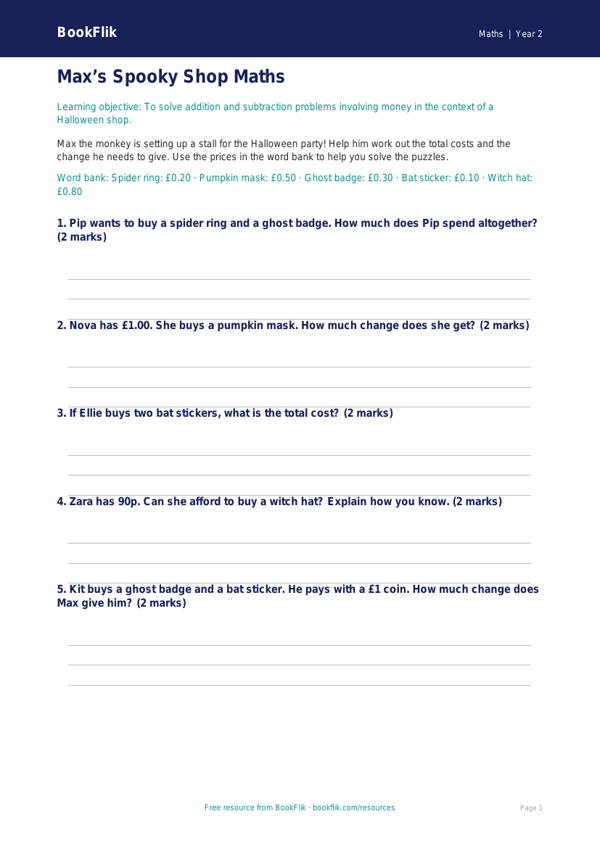 Free Halloween Maths Activity Sheet | Class 2 | Maths | BookFlik worksheet preview — Maths Halloween Maths