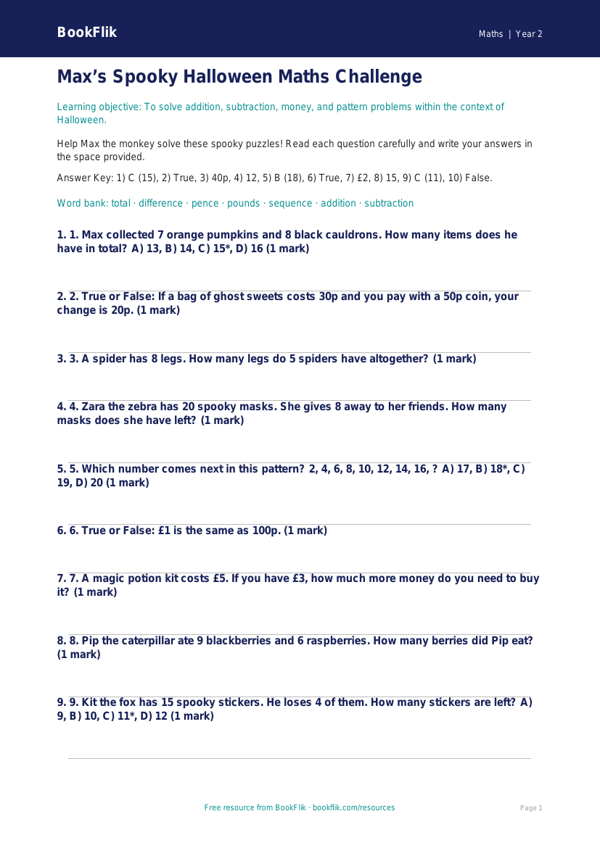 Fun Halloween Maths Quiz for Class 2 | CBSE Maths | BookFlik worksheet preview — Maths Halloween Maths