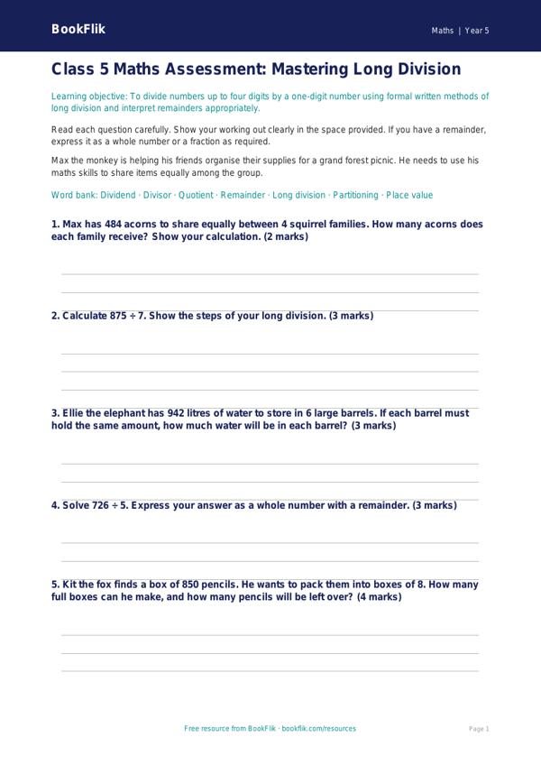 Free Long Division Assessment | Class 5 | Maths | BookFlik worksheet preview — Maths Long Division