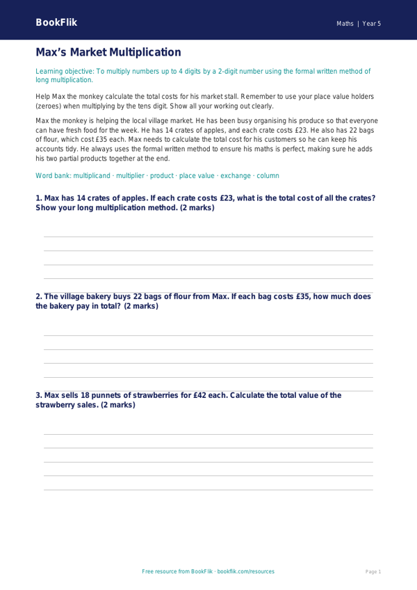 Free Long Multiplication Track Sheet | Class 5 | Maths | BookFlik worksheet preview — Maths Long Multiplication