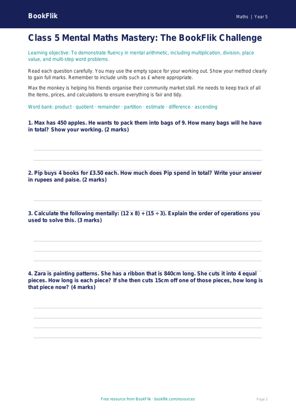 Free Mental Maths Assessment | Class 5 | Maths | BookFlik worksheet preview — Maths Mental Maths