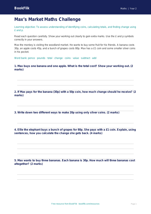 Free Money Assessment | Class 2 | Maths | BookFlik worksheet preview — Maths Money
