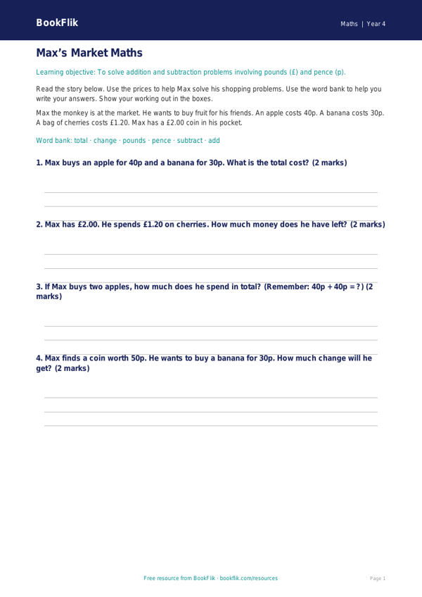 Free Money Track Sheet | Class 4 | Maths | BookFlik worksheet preview — Maths Money