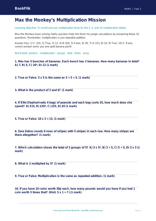 Free Multiplication Quiz | Class 2 | Maths | BookFlik worksheet preview — Maths Multiplication