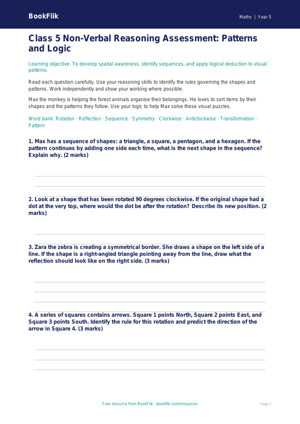 Non Verbal Reasoning Practice for Class 5 | CBSE Maths Skills worksheet preview — Maths Non Verbal Reasoning
