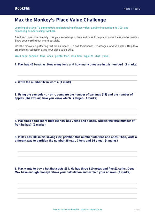 Free Place Value Assessment | Class 2 | Maths | BookFlik worksheet preview — Maths Place Value