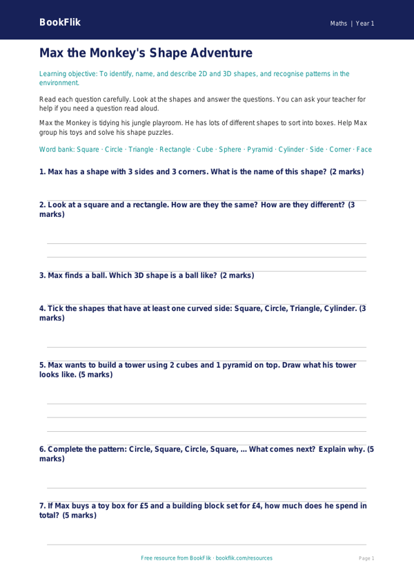 Free Shape Assessment | Class 1 | Maths | BookFlik worksheet preview — Maths Shape