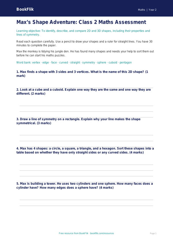 Free Shape Assessment | Class 2 | Maths | BookFlik worksheet preview — Maths Shape