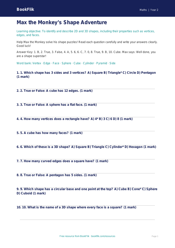 Free Shape Quiz | Class 2 | Maths | BookFlik worksheet preview — Maths Shape