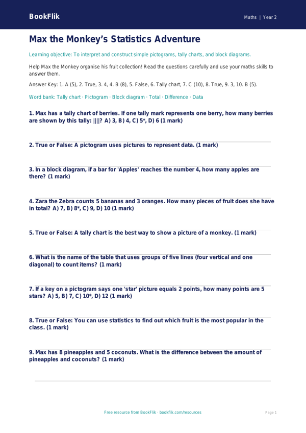 Free Statistics Quiz | Class 2 | Maths | BookFlik worksheet preview — Maths Statistics