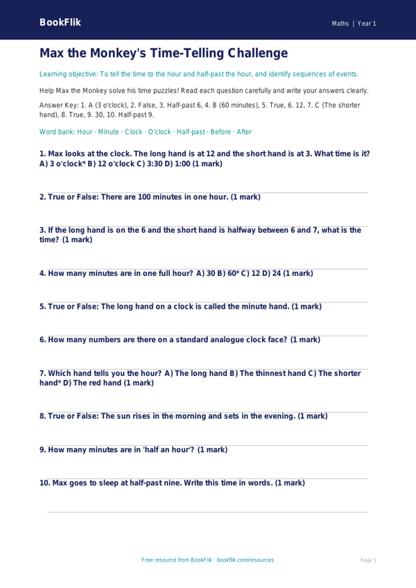 Time Quiz for Class 1 Maths | CBSE NCERT Practice | BookFlik worksheet preview — Maths Time
