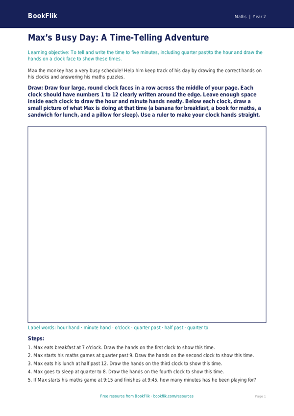 Time Drawing Sheet | Class 2 Maths | CBSE Curriculum | BookFlik worksheet preview — Maths Time