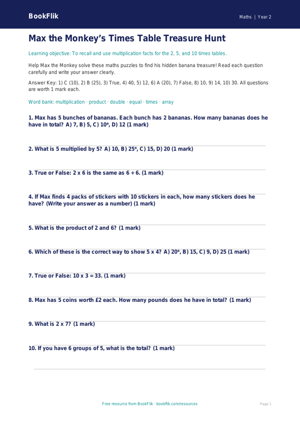 Free Times Tables Quiz | Class 2 | Maths | BookFlik worksheet preview — Maths Times Tables