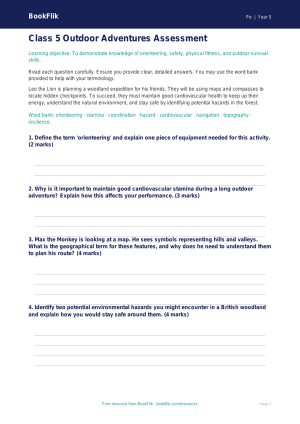 Outdoor Adventures Assessment for Class 5 | CBSE PE Worksheet worksheet preview — Pe Outdoor Adventures