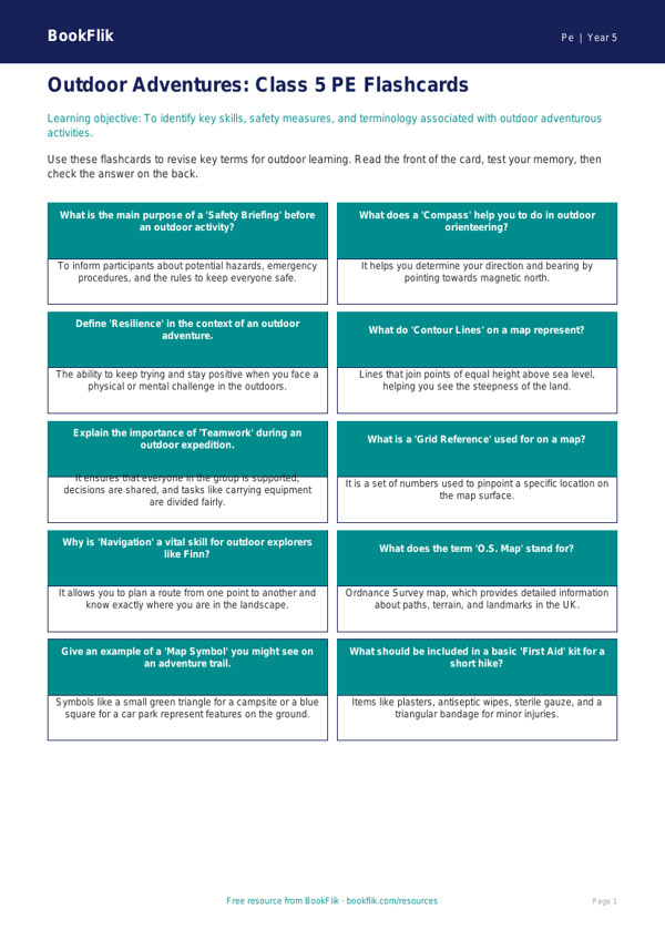 Outdoor Adventures Class 5 PE Worksheet | CBSE Learning | BookFlik worksheet preview — Pe Outdoor Adventures