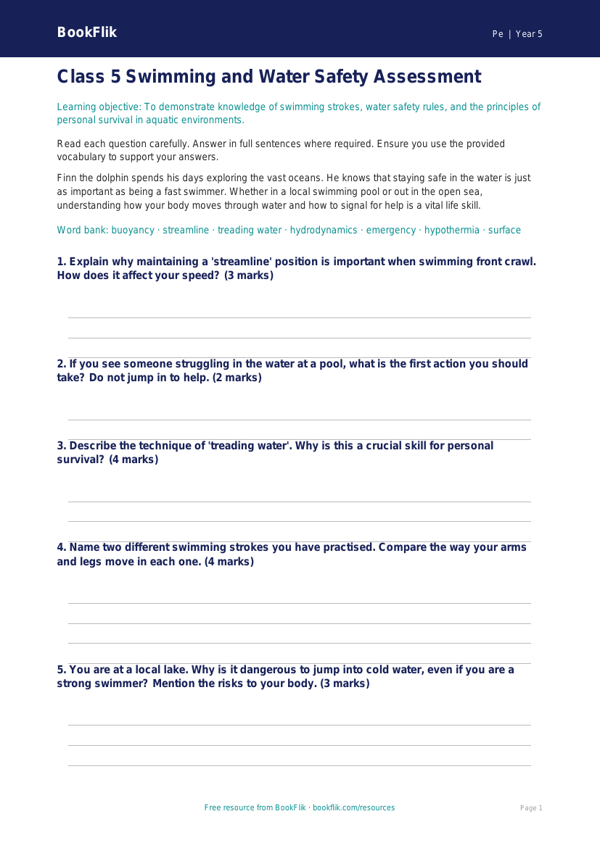 Swimming Assessment for Class 5 CBSE | PE Lesson | BookFlik worksheet preview — Pe Swimming
