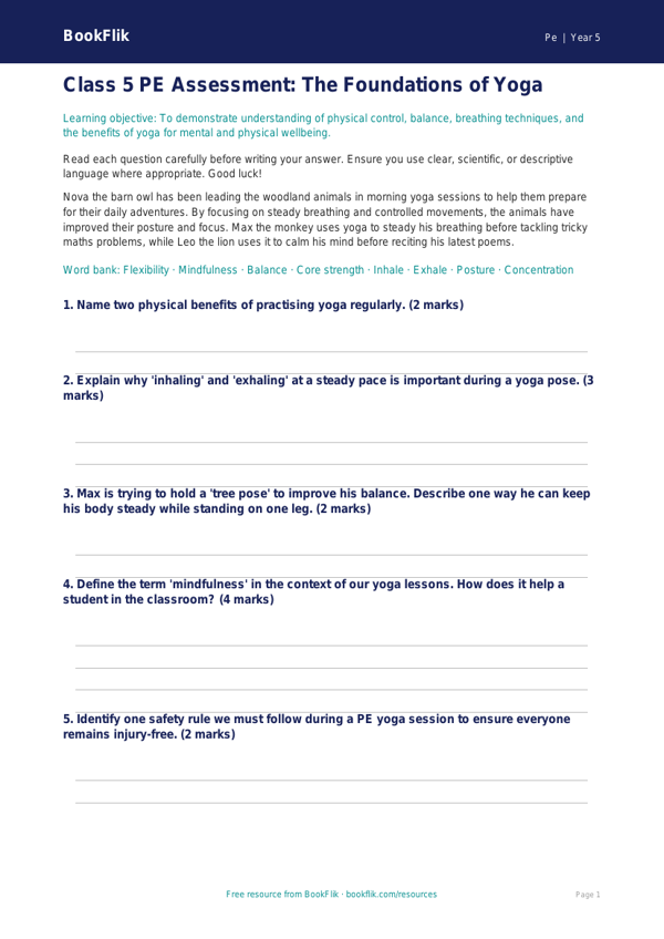 Yoga Assessment for Class 5 Students | CBSE Physical Education worksheet preview — Pe Yoga