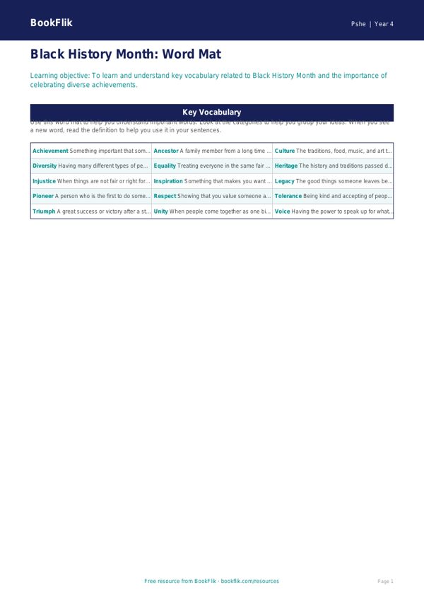 Black History Month Worksheet for Class 4 | Life Skills | BookFlik worksheet preview — Pshe Black History Month