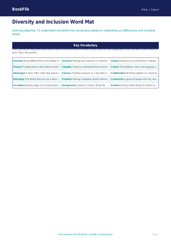 Free Diversity And Inclusion Word Mat | Class 4 | Life Skills | BookFlik worksheet preview — Pshe Diversity And Inclusion