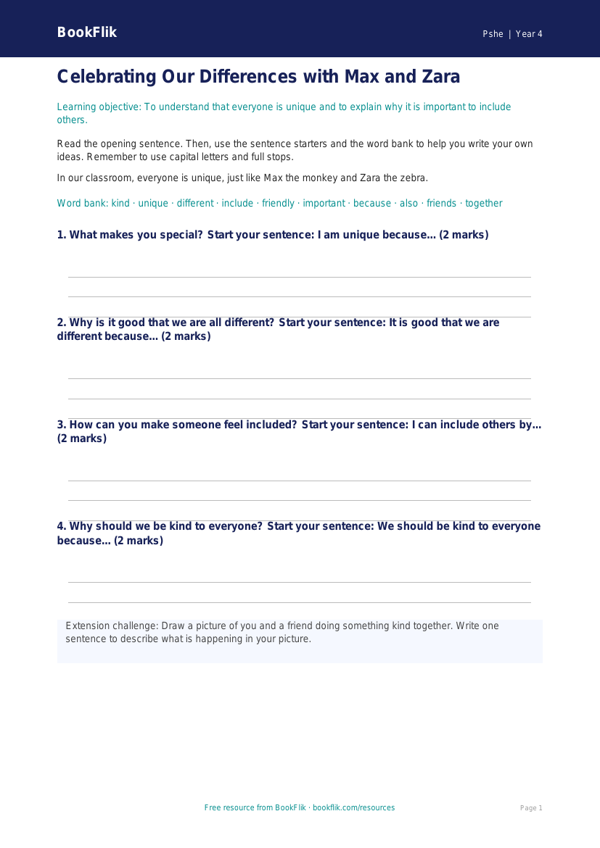 Free Diversity And Inclusion Writing Frame | Class 4 | Life Skills | BookFlik worksheet preview — Pshe Diversity And Inclusion