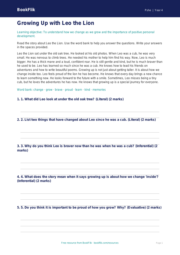 Free Growing Up Comprehension | Class 4 | Life Skills | BookFlik worksheet preview — Pshe Growing Up