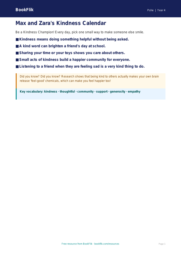 Free Kindness Advent Poster | Class 4 | Life Skills | BookFlik worksheet preview — Pshe Kindness Advent