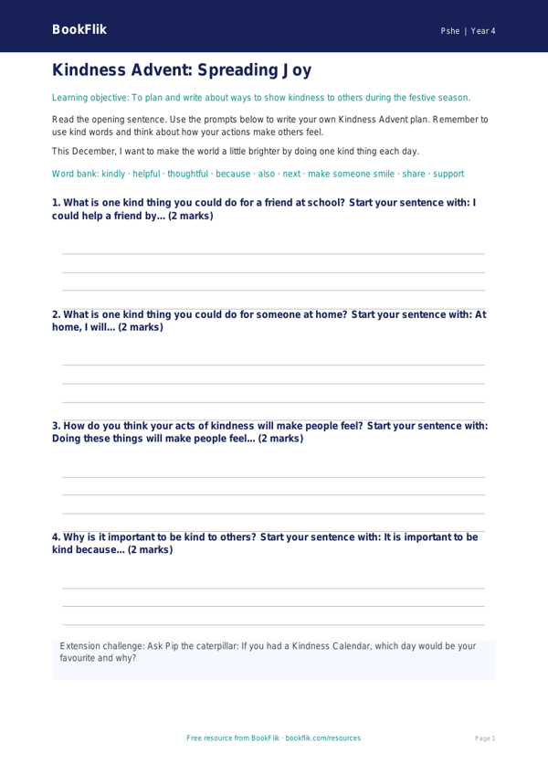 Free Kindness Advent Writing Frame | Class 4 | Life Skills | BookFlik worksheet preview — Pshe Kindness Advent