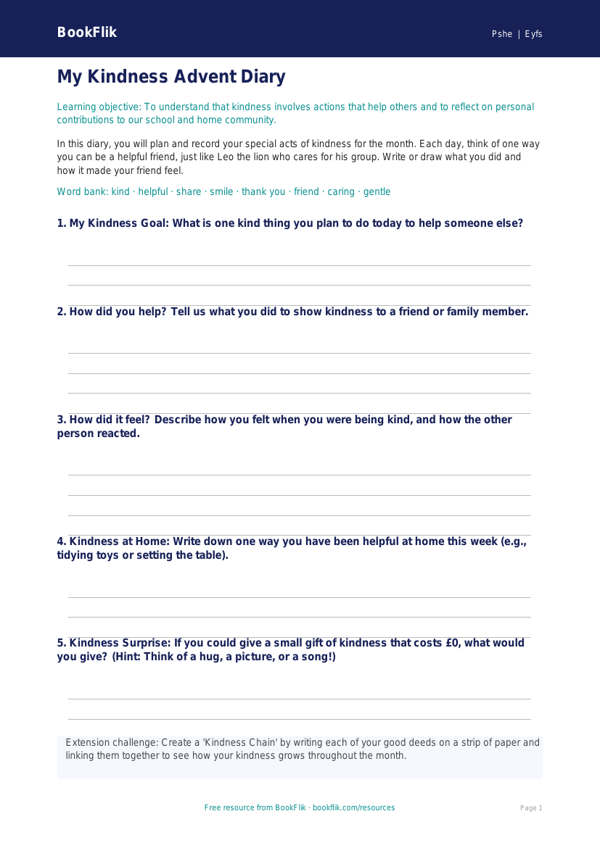 Free Kindness Advent Template | Nursery / LKG | Life Skills | BookFlik worksheet preview — Pshe Kindness Advent