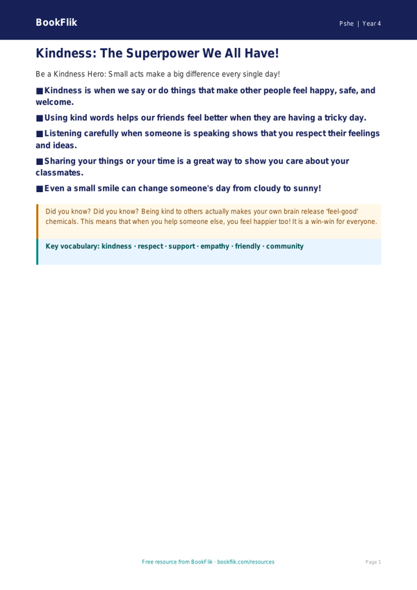 Free Kindness Poster | Class 4 | Life Skills | BookFlik worksheet preview — Pshe Kindness