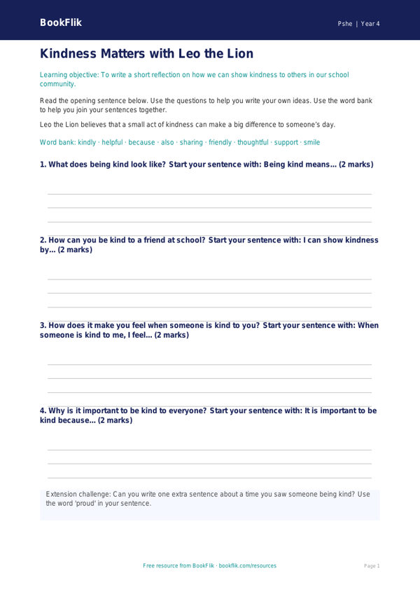 Free Kindness Writing Frame | Class 4 | Life Skills | BookFlik worksheet preview — Pshe Kindness