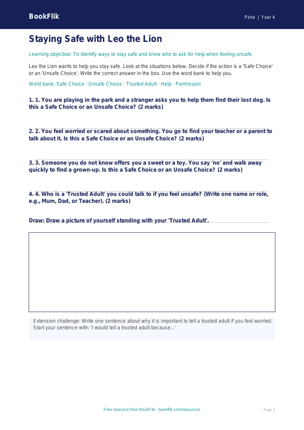 Free Personal Safety Activity Sheet | Class 4 | Life Skills | BookFlik worksheet preview — Pshe Personal Safety